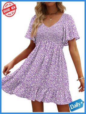 UEAL Floral Smocked V Neck Casual Summer Sun Dress Aline Pockets Flutter Sleeve